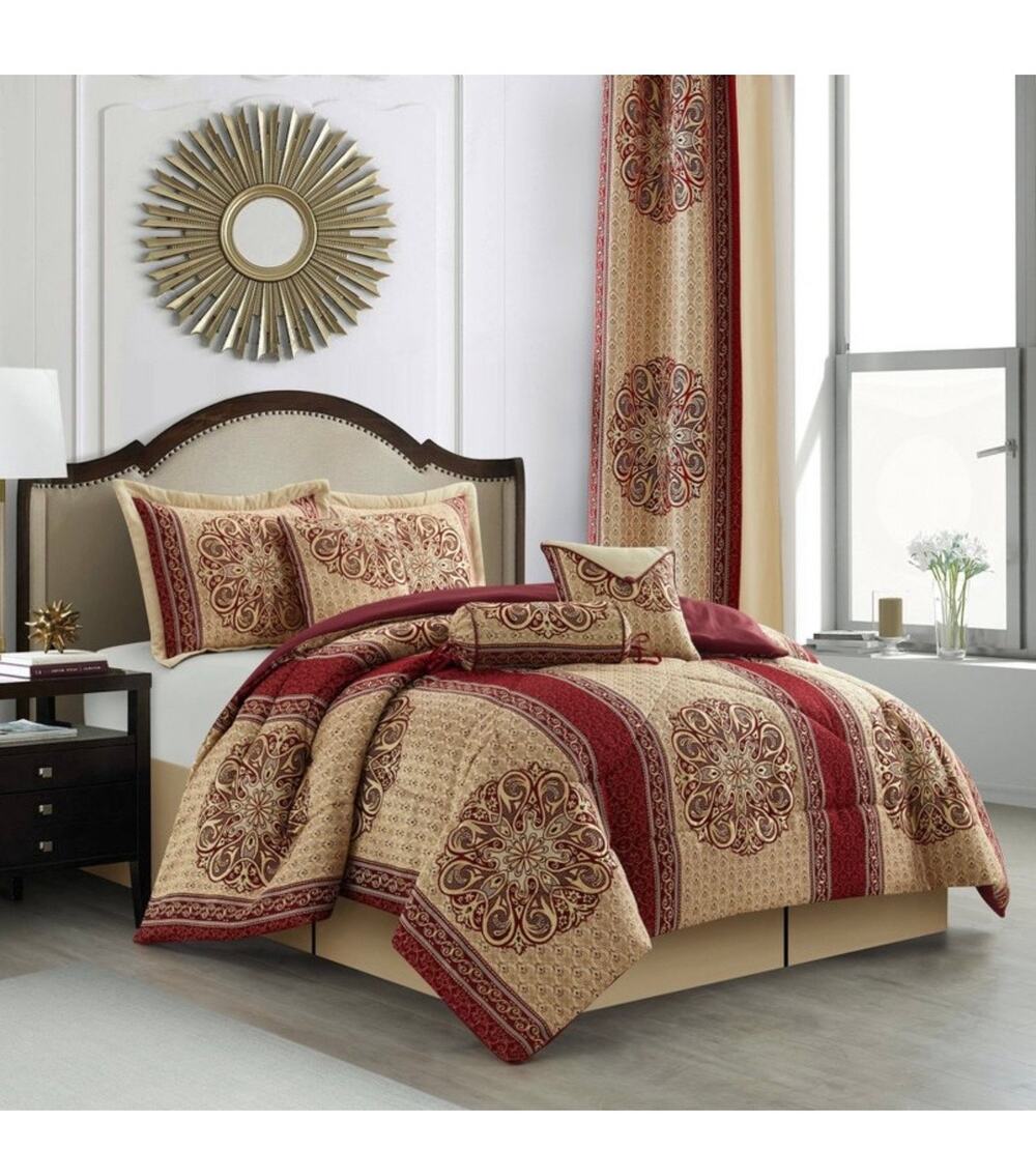 NEW! Nanshing Myhand/Prince 9PC Elegant Medallion Comforter Set Red Gold King